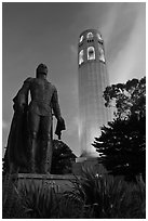 Columbus statue and Coit Tower, dusk. San Francisco, California, USA (black and white)