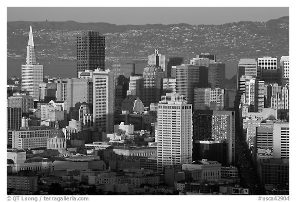 San Francisco skyline from Twin Peaks, late afternoon. San Francisco, California, USA (black and white)