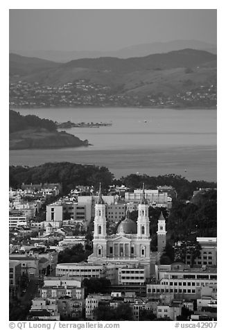 St Ignatius church, USF, and San Francisco Bay at sunset. San Francisco, California, USA (black and white)