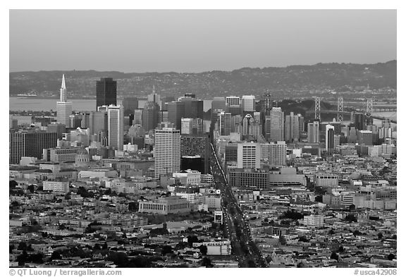 San Francisco skyline view from above at dusk. San Francisco, California, USA (black and white)