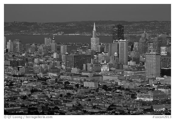 San Francisco downtown buildings at night. San Francisco, California, USA (black and white)