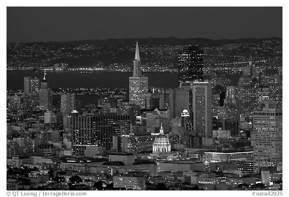 San Francisco downtown skyline at night. San Francisco, California, USA (black and white)