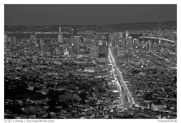 Wide night view of San Francisco from above. San Francisco, California, USA (black and white)