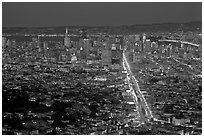 Wide night view of San Francisco from above. San Francisco, California, USA (black and white)