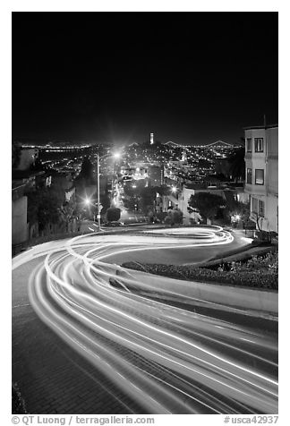 Light blurs on Lombard Street at night. San Francisco, California, USA (black and white)