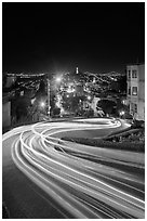 Light blurs on Lombard Street at night. San Francisco, California, USA (black and white)