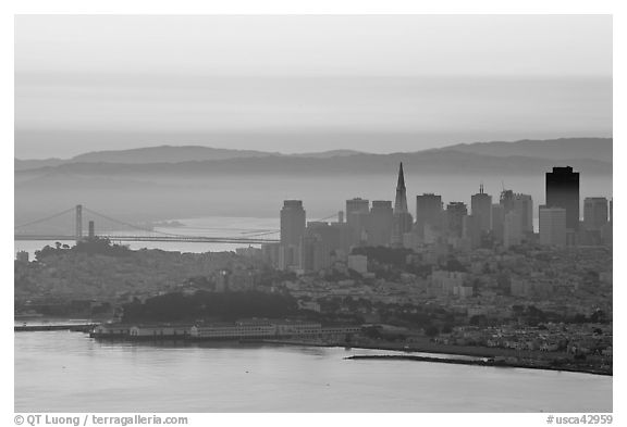 San Francisco cityscape with Bay at dawn. San Francisco, California, USA (black and white)