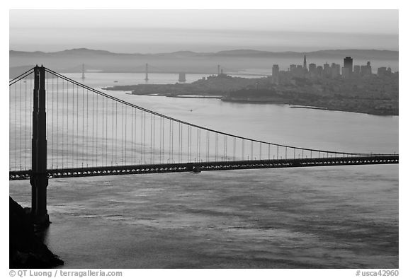 Golden Gate Bridge, San Francisco, and Bay Bridge at dawn. San Francisco, California, USA (black and white)