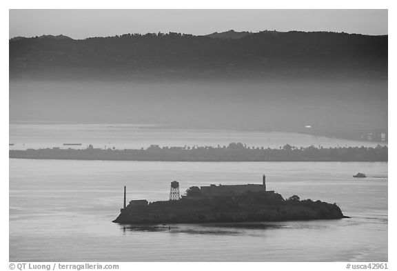 Sunrise, Alcatraz Island and Treasure Island. San Francisco, California, USA (black and white)