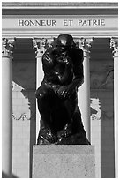 Rodin sculpture The Thinker and Legion of Honor motto in French. San Francisco, California, USA ( black and white)