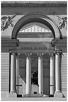 The Thinker by Rodin in front of Palace of the Legion of Honor museum, Lincoln Park. San Francisco, California, USA (black and white)