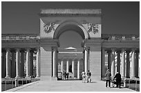 Entrance of  Palace of the Legion of Honor museum with tourists. San Francisco, California, USA (black and white)