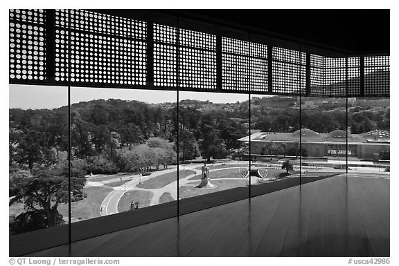 View over California Academy of Sciences building from top of De Young museum. San Francisco, California, USA (black and white)