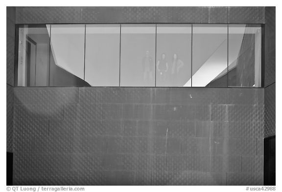 Copper-covered wall and bay window, De Young museum. San Francisco, California, USA (black and white)