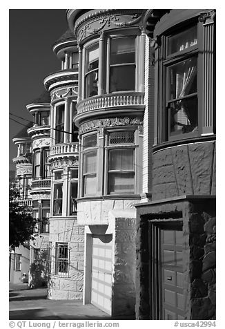 Colorful Victorian houses, Haight-Ashbury District. San Francisco, California, USA (black and white)