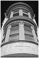 Brightly painted yellow tower of Victorian house, Haight-Ashbury District. San Francisco, California, USA (black and white)