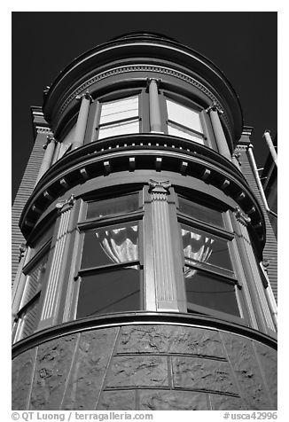 Brightly painted blue tower of Victorian house, Haight-Ashbury District. San Francisco, California, USA