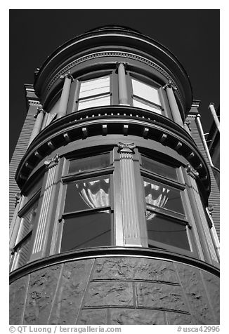 Brightly painted blue tower of Victorian house, Haight-Ashbury District. San Francisco, California, USA (black and white)