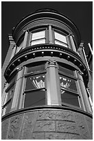 Brightly painted blue tower of Victorian house, Haight-Ashbury District. San Francisco, California, USA ( black and white)