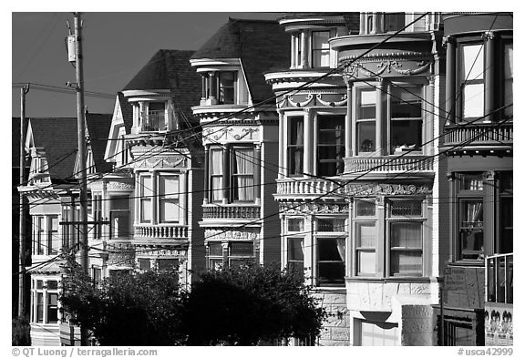 Row of brightly painted Victorian houses, Haight-Ashbury District. San Francisco, California, USA (black and white)