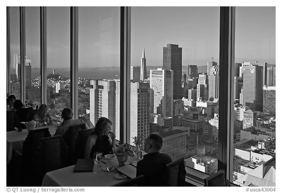 View on San-Francisco downtown from rooftop restaurant. San Francisco, California, USA (black and white)