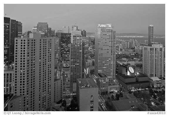 High-rise buildings and SF MOMA at dusk from above. San Francisco, California, USA