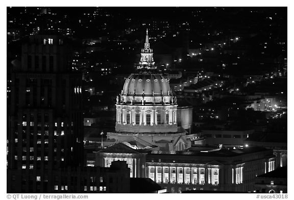 City Hall at night from above. San Francisco, California, USA (black and white)