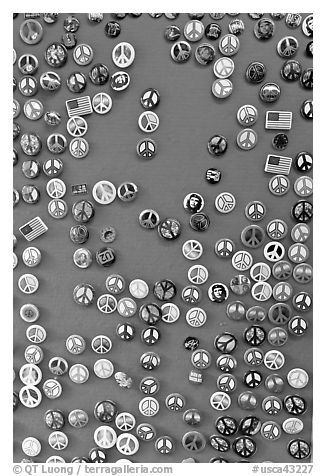 Buttons with peace symbols. San Francisco, California, USA (black and white)