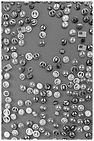 Buttons with peace symbols. San Francisco, California, USA (black and white)