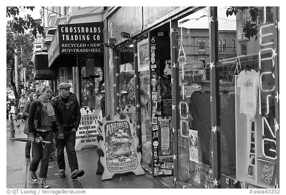 Sidewalk with bohemian-looking people. San Francisco, California, USA