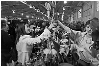 Woman buys orchid plant, Mason Center. San Francisco, California, USA ( black and white)