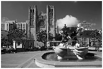 Fountain and Grace Cathedral, Nob Hill. San Francisco, California, USA (black and white)