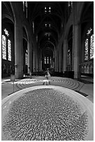 Stoup and Grace Cathedral nave. San Francisco, California, USA ( black and white)