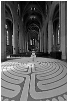 Labyrinth and nave, Grace Cathedral. San Francisco, California, USA (black and white)