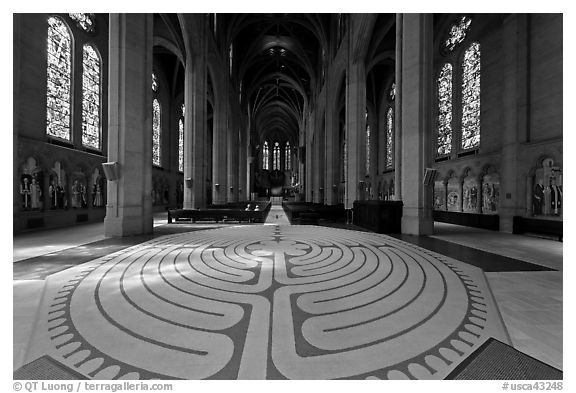 Labyrinth inside Grace Cathedral. San Francisco, California, USA (black and white)