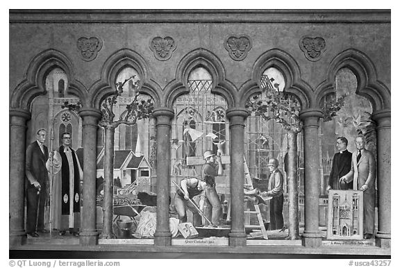 Fresco depicting building of the current cathedral, Grace Cathedral. San Francisco, California, USA (black and white)