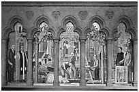 Fresco depicting building of the current cathedral, Grace Cathedral. San Francisco, California, USA (black and white)