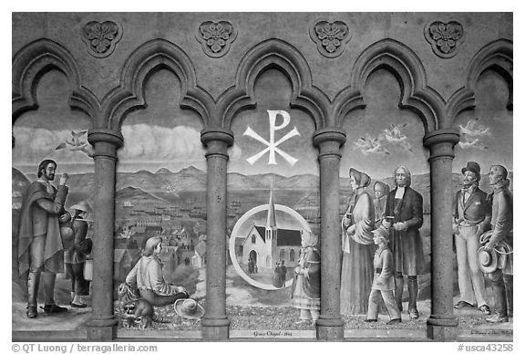 Fresco depicting the old Grace Chapel, Grace Cathedral. San Francisco, California, USA (black and white)