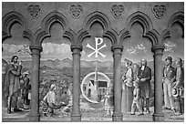 Fresco depicting the old Grace Chapel, Grace Cathedral. San Francisco, California, USA (black and white)