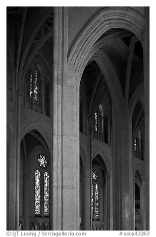 Detail of gothic-style vaulted arches, Grace Cathedral. San Francisco, California, USA (black and white)