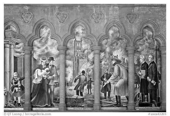 Fresco depicting the fire destroying the old Grace Cathedral, Grace Cathedral. San Francisco, California, USA (black and white)
