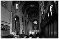 Grace Cathedral interior with church organist, Grace Cathedral. San Francisco, California, USA (black and white)