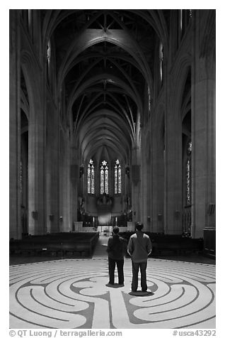 Men standing on the Labyrinth, Grace Cathedral. San Francisco, California, USA