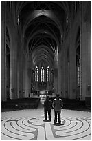 Men standing on the Labyrinth, Grace Cathedral. San Francisco, California, USA (black and white)