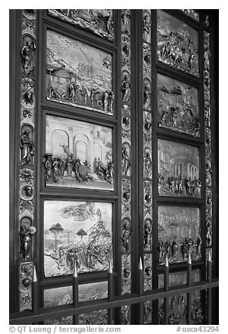 Ghiberti doors called Gates of Paradize, Grace Cathedral. San Francisco, California, USA (black and white)