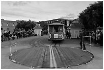 Turntable and cable car. San Francisco, California, USA (black and white)