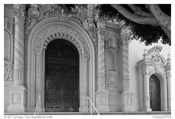 Facade detail with doors, Mission Dolores Basilica. San Francisco, California, USA