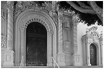 Facade detail with doors, Mission Dolores Basilica. San Francisco, California, USA (black and white)