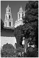 Bell towers of the Basilica seen from the Garden, Mission San Francisco de Asis. San Francisco, California, USA ( black and white)