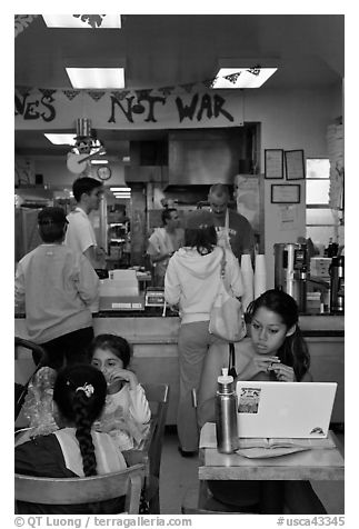 Tables and counter inside pizza restaurant, Haight-Ashbury district. San Francisco, California, USA